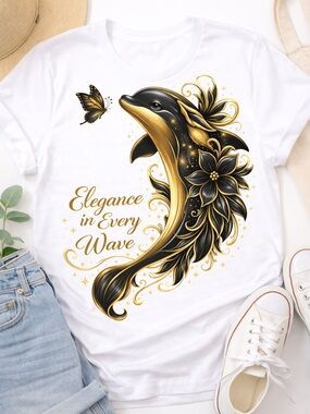 Elegance in Every Wave Women's Graphic Tee - White with Gold & Black Dolphin